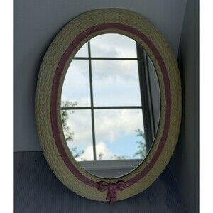 Vintage Home Interiors Burwood Wicker Oval Wall Mirror Pink Bow Cottagecore 80s